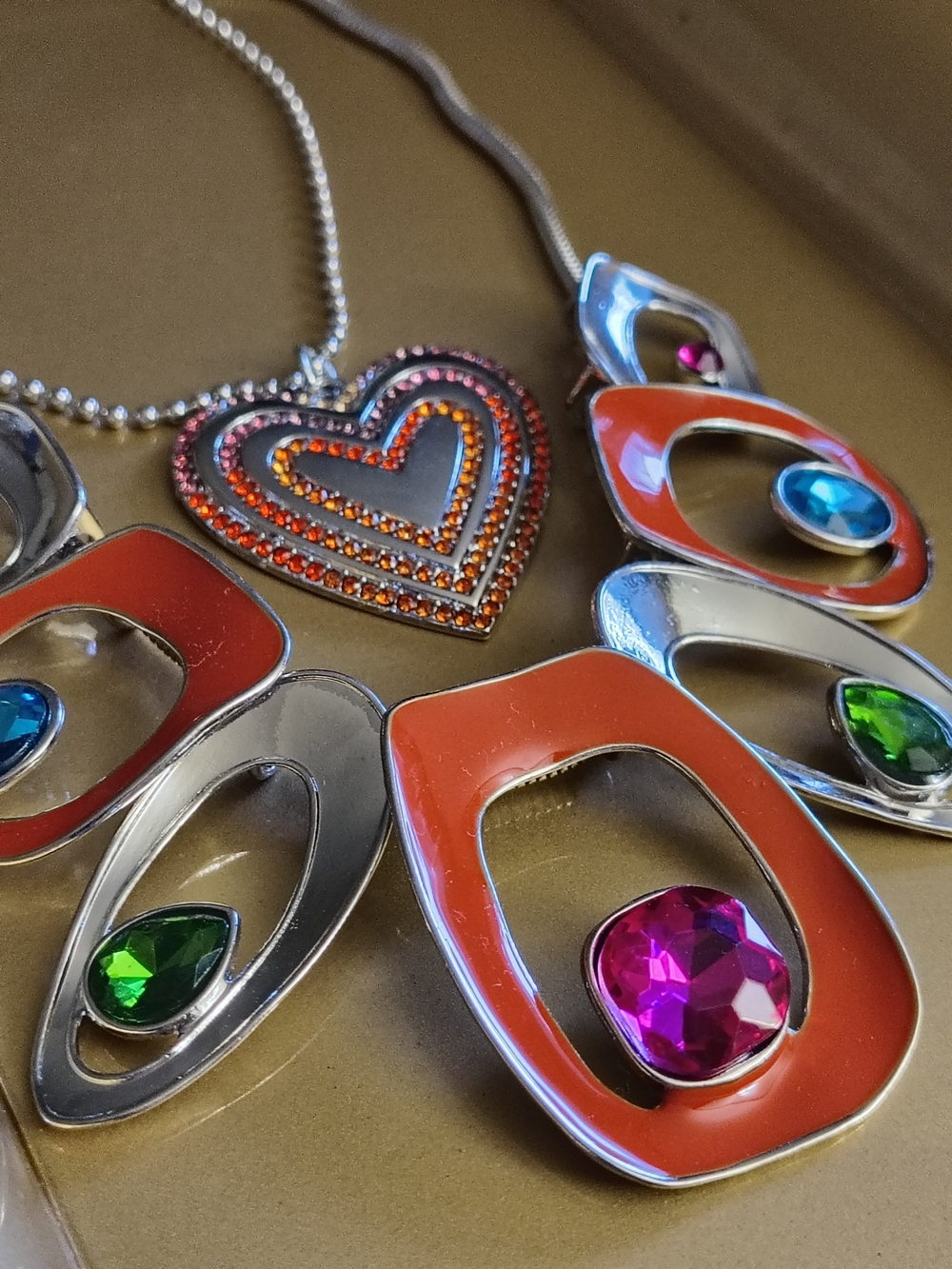 Orange Enamel & Multi-Gem Statement Necklace Set  - Women Jewelry